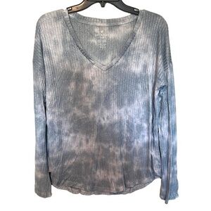 AMERICAN EAGLE Soft and Sexy Rib Long Sleeve V Neck Tie Dye Gray/White Med